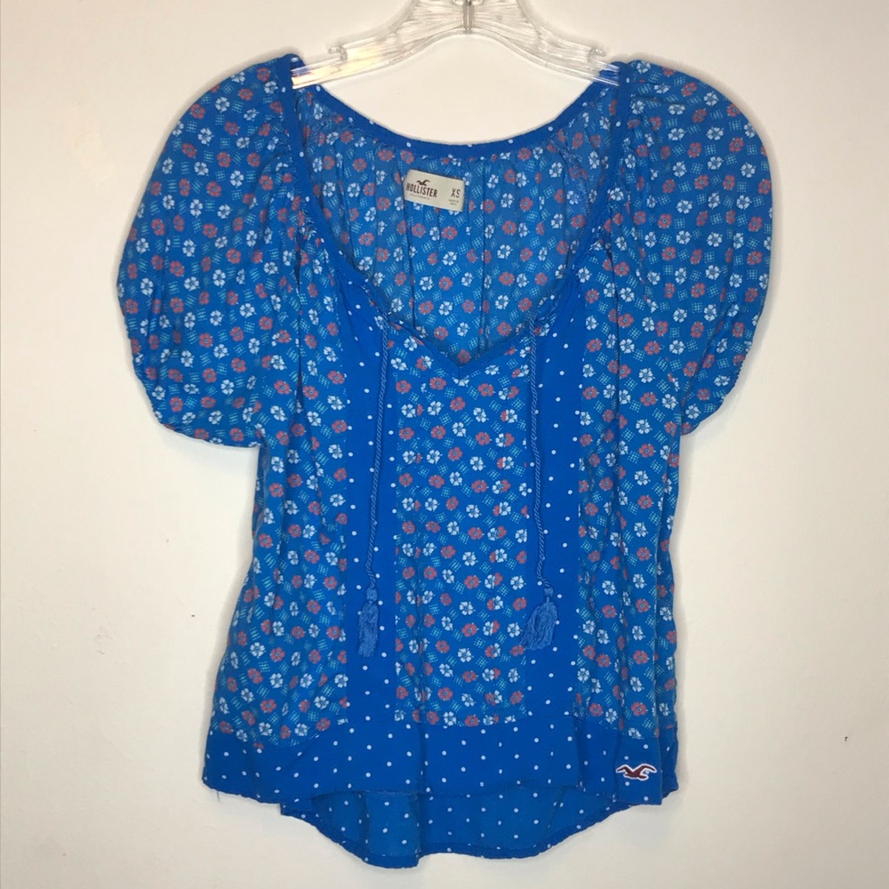 Boho Blue Orange White Floral and Polka Dot Blouse
